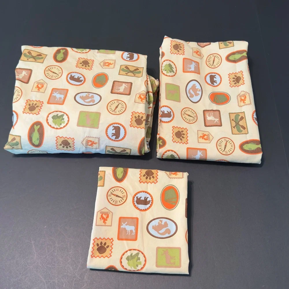 Vintage Woolrich kids 3pc Twin Sheet Set Nature Outdoor Camping Badge Bedding